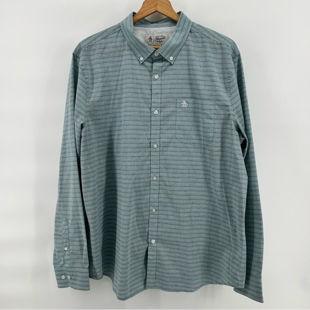Penguin Munsingwear Shirt Mens XL Blue Stripe Button Down Quiet Luxury Coastal